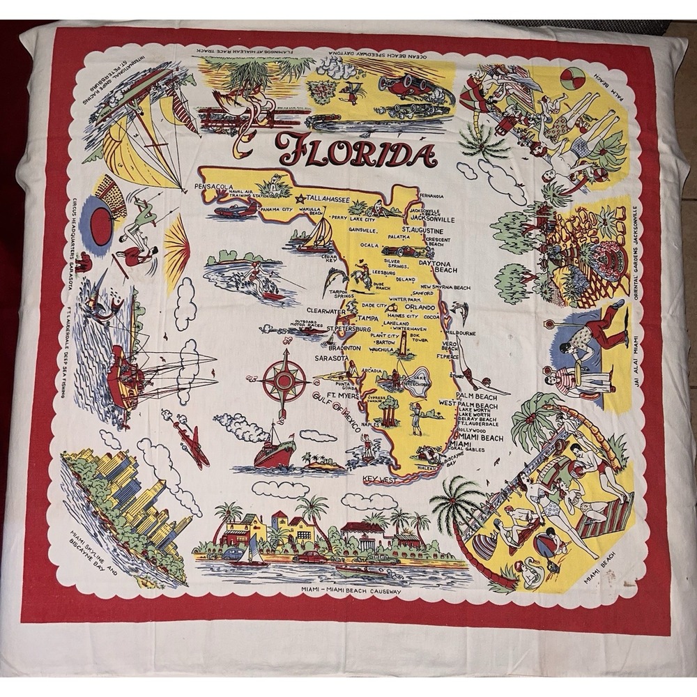 Vintage 1950s Florida Map Tablecloth Destination Home Decor Cotton Rare